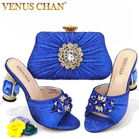2022 fashion crystal heel blue color italian design heels nigerian party shoes and bag for wedding high quality shiny material