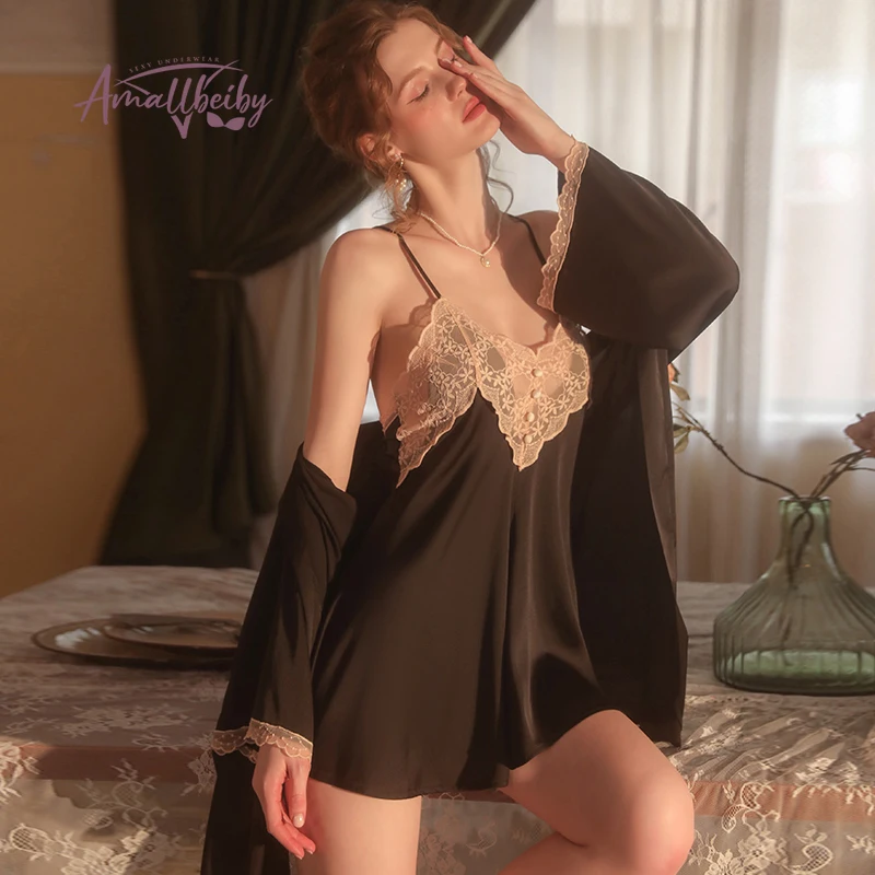 Элегантный шелковый халат пикантные ночные халаты для женщин кружевная ночная