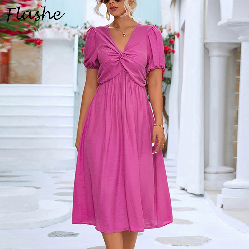 

Женское платье-миди с коротким рукавом, V-образным вырезом