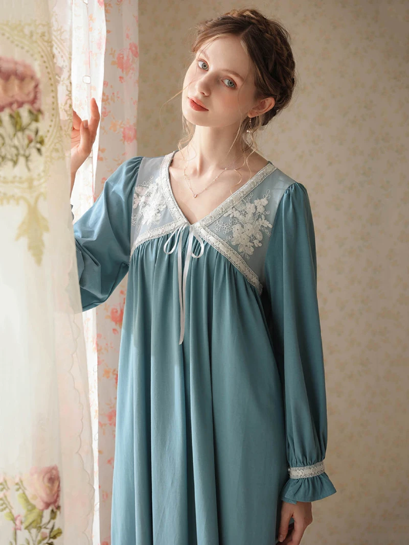 Women Pure Cotton Ruffles Vintage Nightgowns Robe V-Neck Long Dress Victorian Romantic Princess Sleepwear Nightdress Homewear