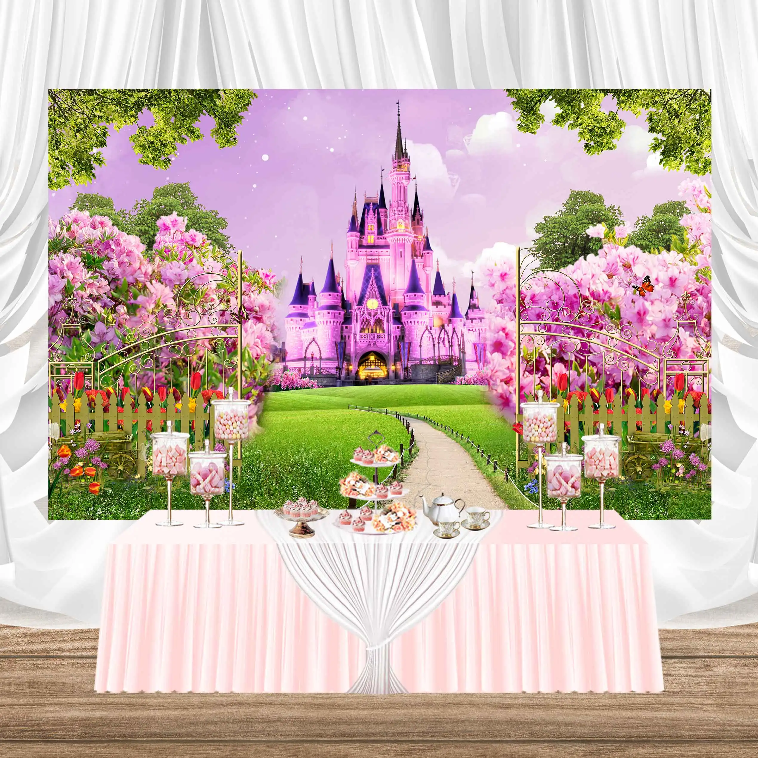 

SeekPro Flowers Princess Sky Fairy Lanad Cloud Pink Grassplot Party Photo Backdrop Castle Background Fence Spring Photography