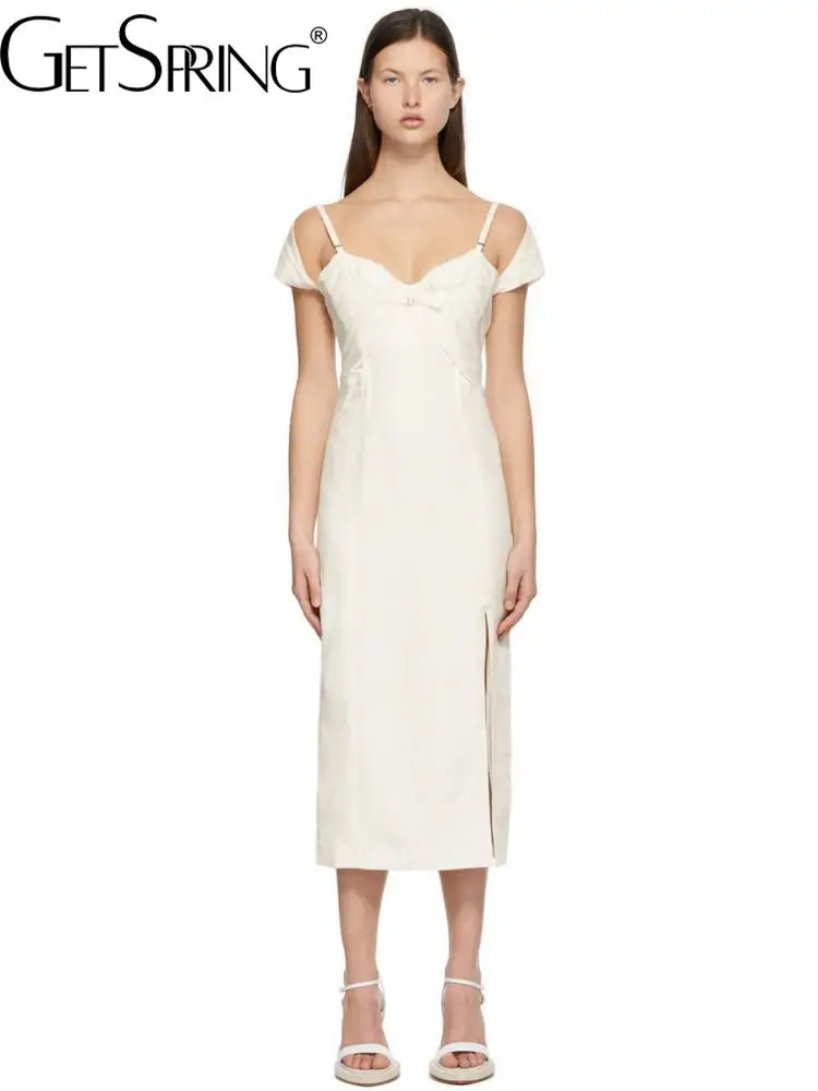 

GetSpring Women Dress Temperament Retro Fashion Irregular Off Shoulder Straps Backless Split High Waist Long Dresses 2022 New