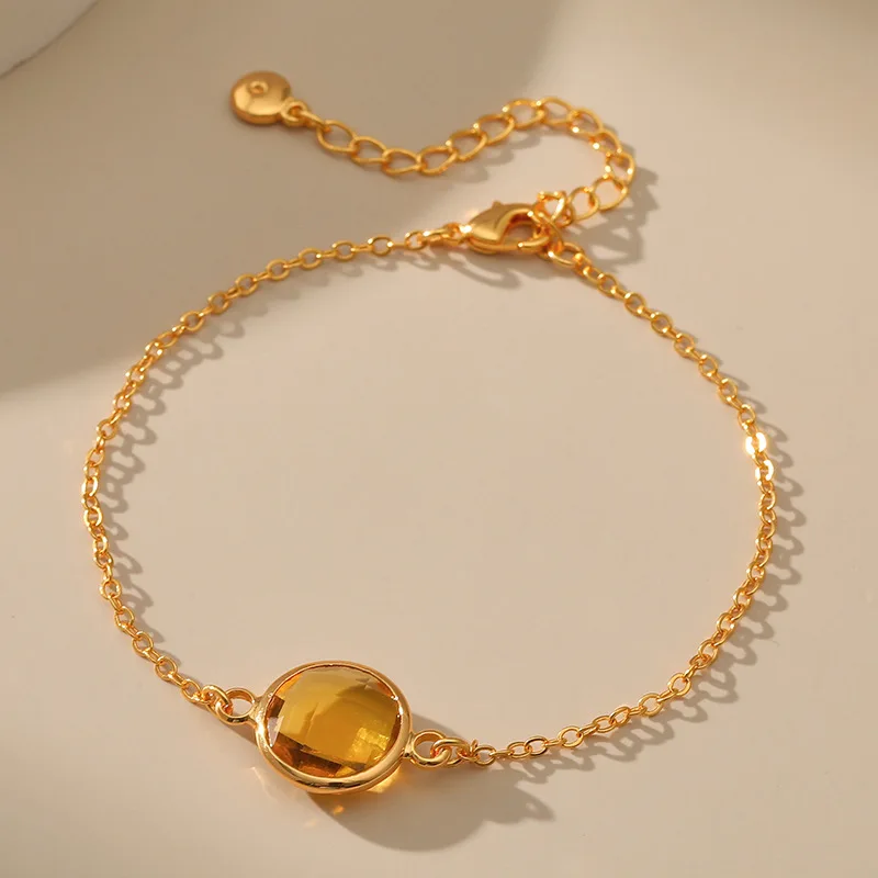 

Simple Round Yellow Glass Crystal Pendant Bracelet for Female Minimalism 18k Gold Plated Link Chain Women Bracelet OL Jewelry