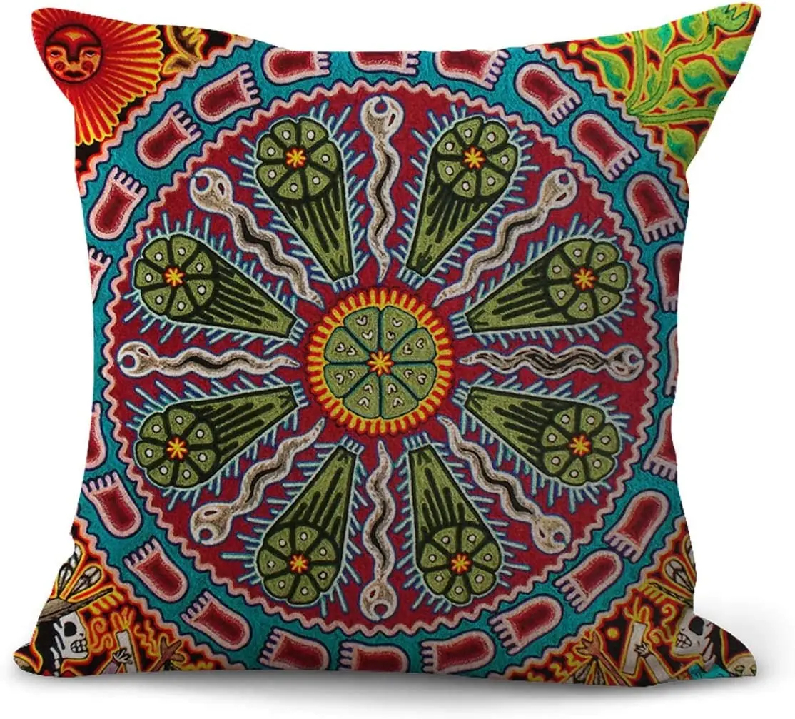 

Sarong Mexican Huichol Indian Art Mandala Print Cushion Cover Decorator Throw Pillow Cover
