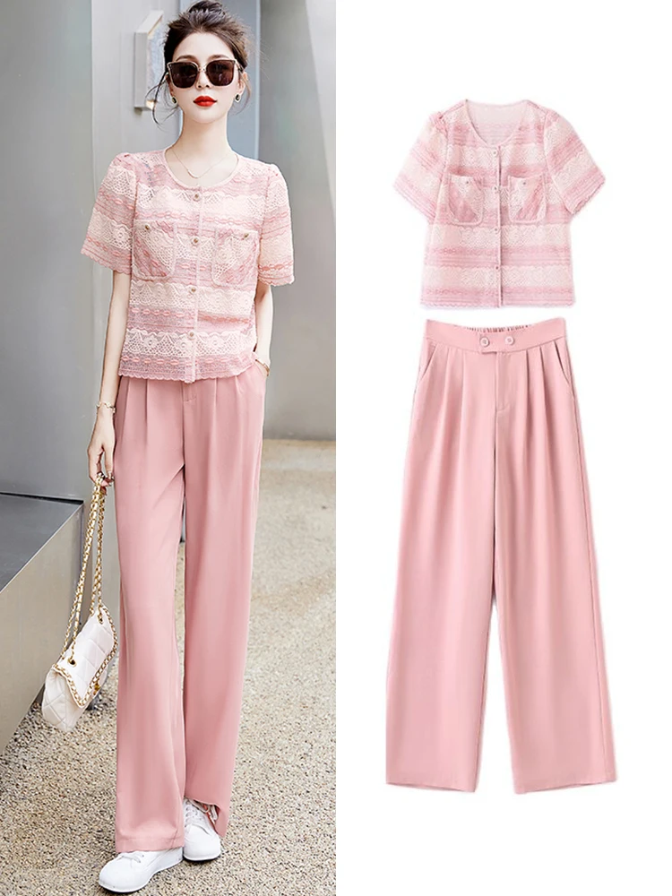 

A GIRLS Elegant Pink Two Piece Set For Women Outfit 2023 Summer Casual Short Sleeved Breasted Lace Blouse+High Waist Wide Leg Pa