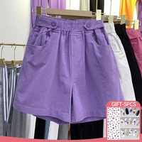 summer plus size shorts women casual button solid elastic band high waist shorts women clothing thin and loose wide leg pants