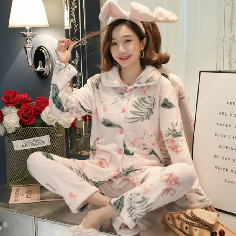 Autumn and Winter New Women's Pajamas Flannel Padded Cardigan Home Service Sleepwear Sleep Tops Pajamas for Women Pijamas