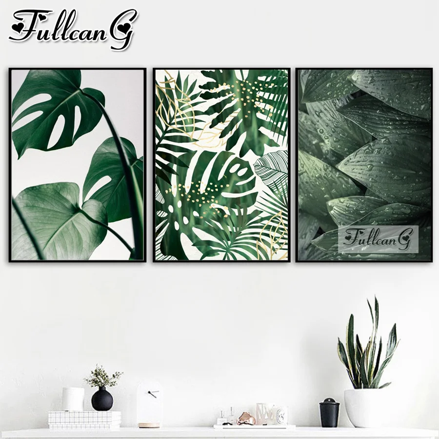 

FULLCANG 3 шт. пейзаж с зелеными листьями 5d алмазная живопись Триптих полная мозаика вышивка ручной работы растение, украшение для дома FG1190