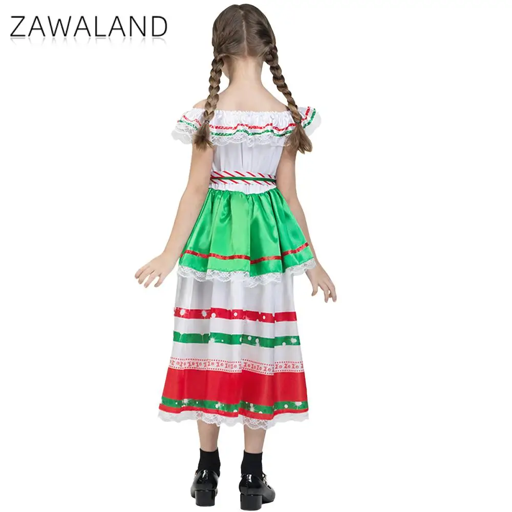 Фото Zawaland красочный мексиканский костюм для девочек, комплект Folklorico, танцевальное платье на Хэллоуин, мексиканское вечернее платье для косплея, наряд для выступления на сцене №4