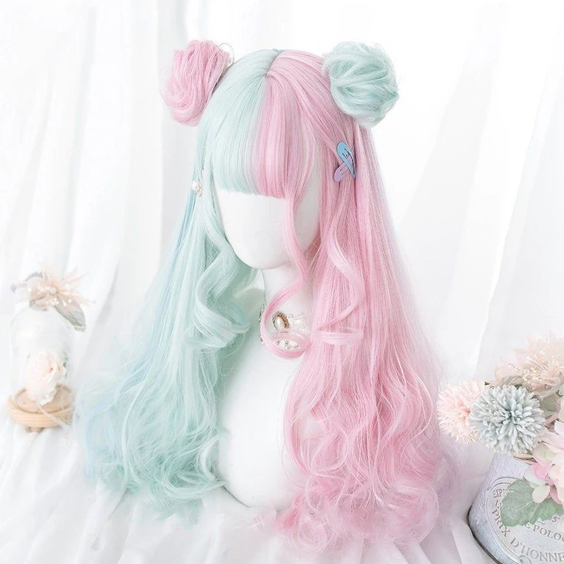 MANWEI Blue Pink Lolita Wigs Ombre Long Water Wave Cosplay Wigs Synthetic Hair Wigs Heat Resistant For Women American Style