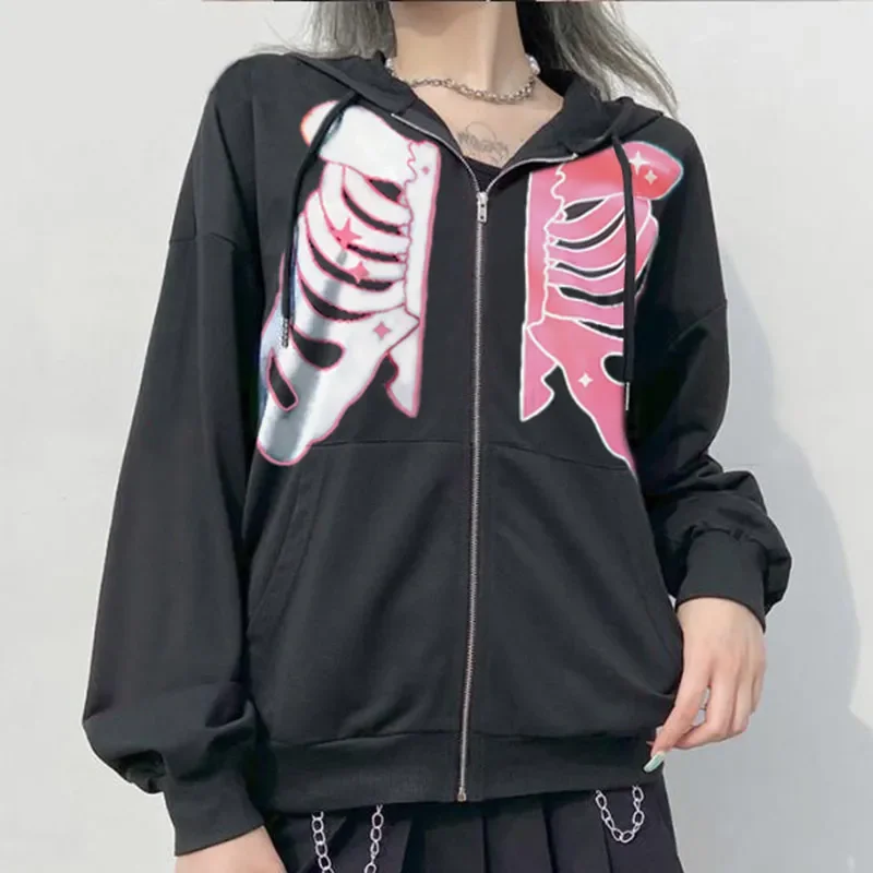 

NEW 2023 Skeleton Print Hoodies Female Zip Up Long Sleeve Sweatshirt Women Y2K Aesthetic Winter Grunge Streetwear Coat