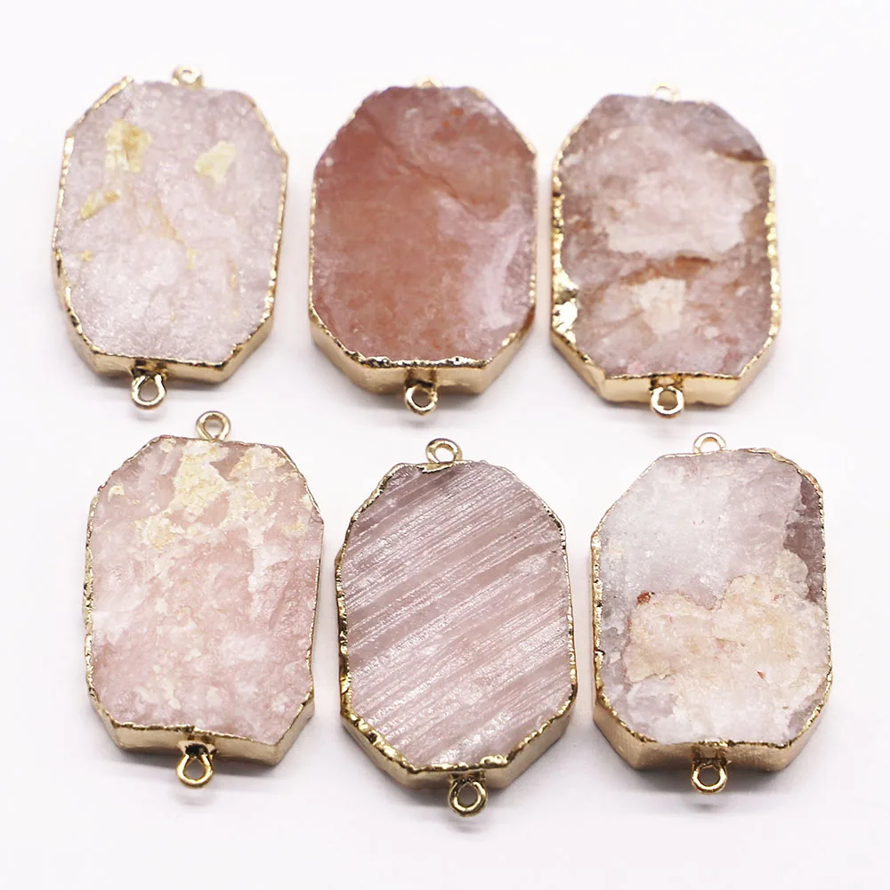 Natural Stone Oval Rose Quartz Pendant Connector Section Mineral Healing Gold Plated Edge Necklace Charms Jewelry Wholesale 6Pcs