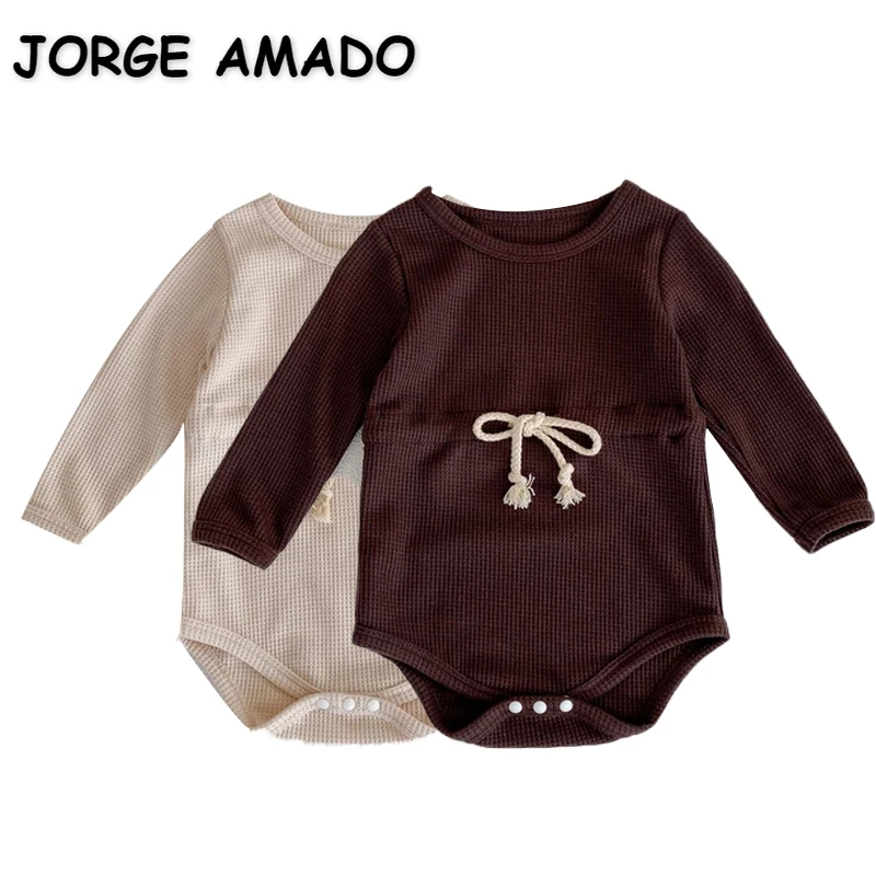 

New Autumn Clothes for Baby Girl Bodysuit Apricot Brown Waffle Long Sleeves Round Collar Jumpsuit Infant Clothes E2205