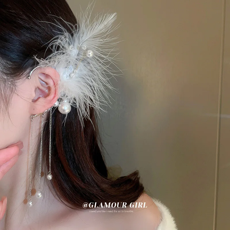

New Unusual Earrings Big White Feather Pearl Long Tassel Dangling Creative Clip Earrings For Women No Perforation Party Jewelry
