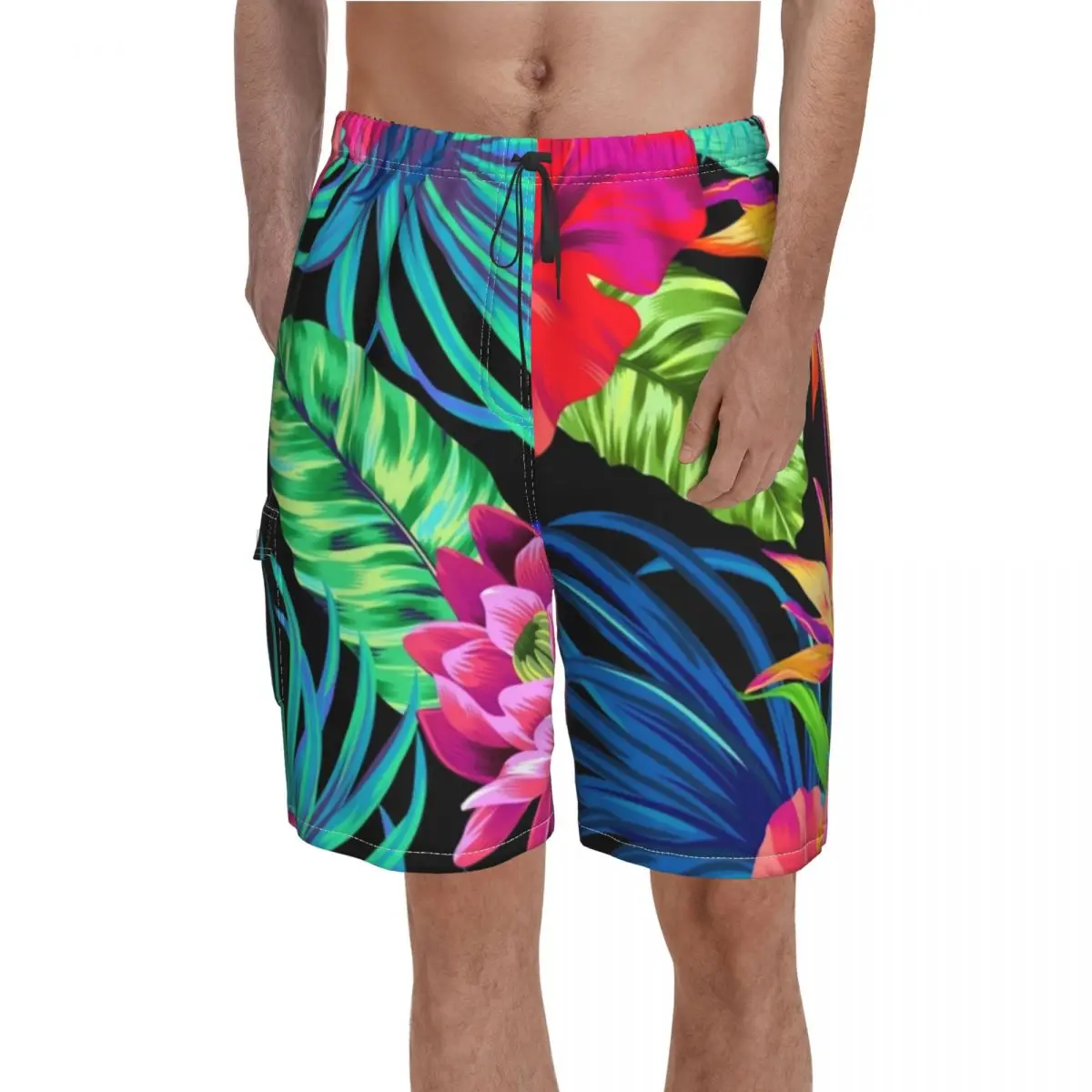 

Шорты пляжные мужские с тропическим цветочным принтом, милые пляжные короткие штаны оверсайз с рисунком зеленых листьев Drive You Mad Hibiscus