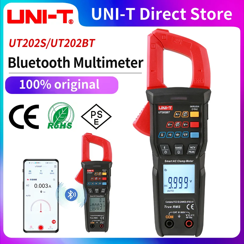 Uni-t Novo Medidor de Braçadeira Digital Ut202s Ut202bt Conexão Bluetooth 600a ac dc Tensão Atual 9999 Contagens Trms Ncv Amperímetro Tester