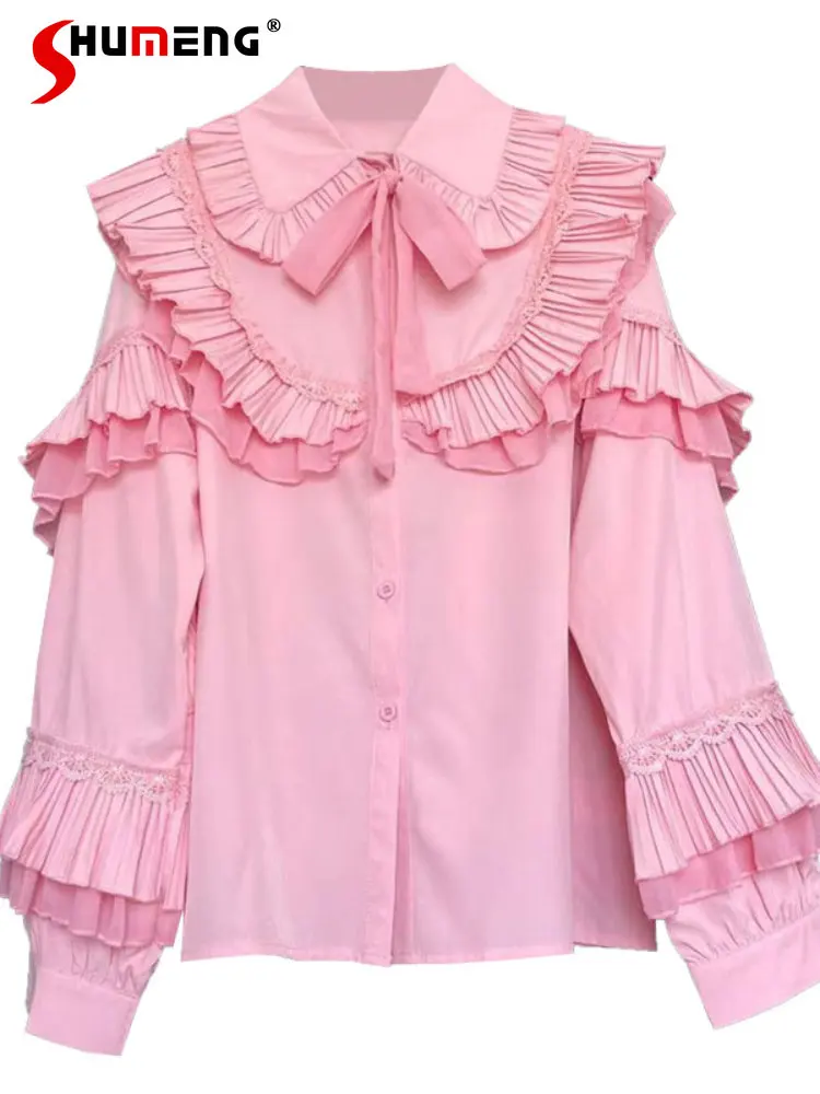 2023 Spring and Autumn New Multi-Layer Ruffled Long Sleeve Pink Shirt Women's Pleated Stitching Bow Lace -up Cake Sleeve Blouses