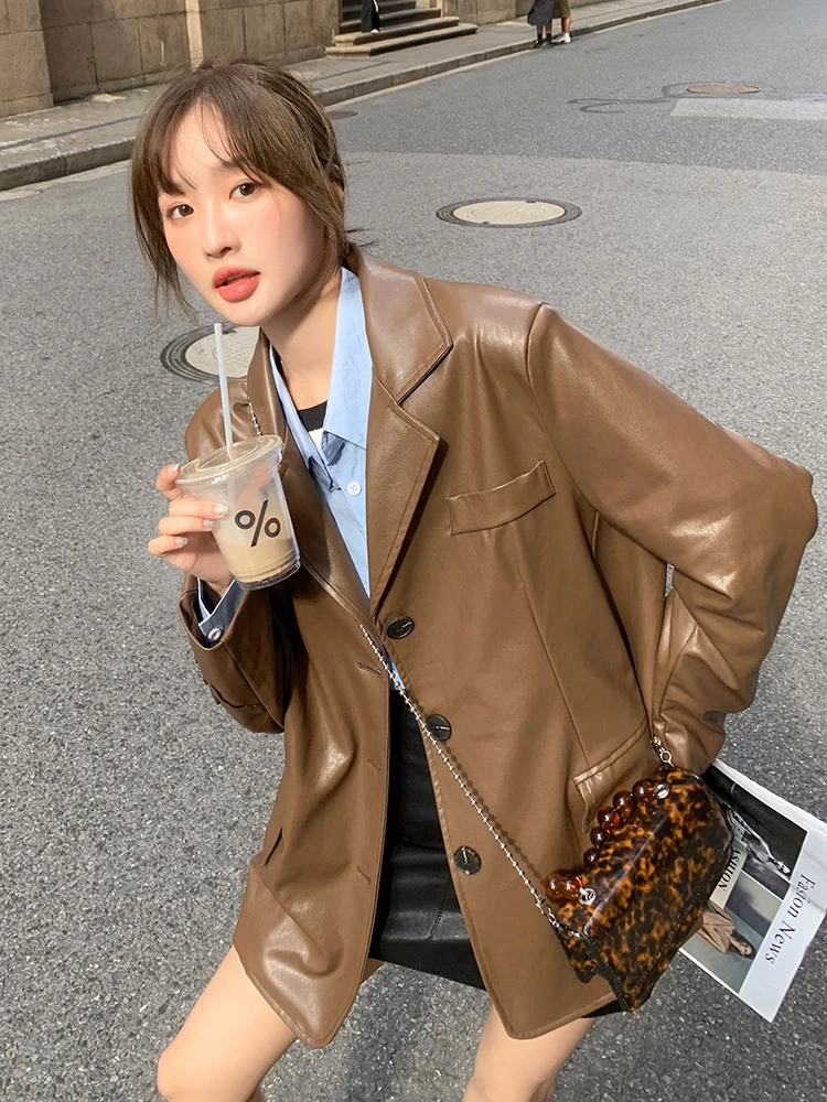 

FTLZZ Spring Autumn Women PU Leather Jacket Vintage Single Breasted Leather Blazer Motorcycle Punk Windproof Waterproof Coat