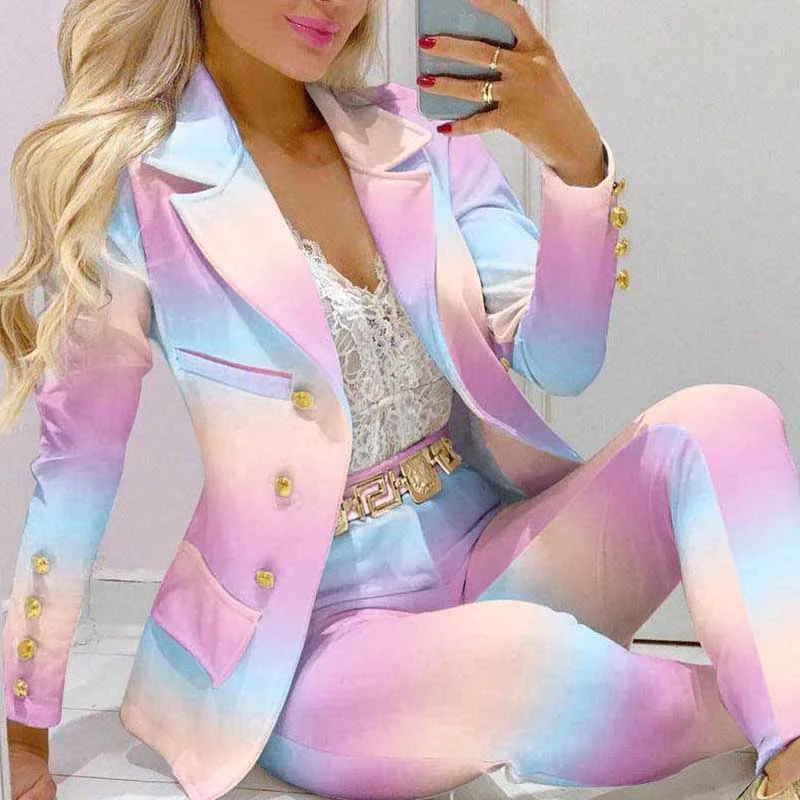 Leggings Suit Elegant 2 Piece Outfits OL 2023 Women New Autumn Lapel Collar Double Breasted Blazer & Tailored Pants Set Long