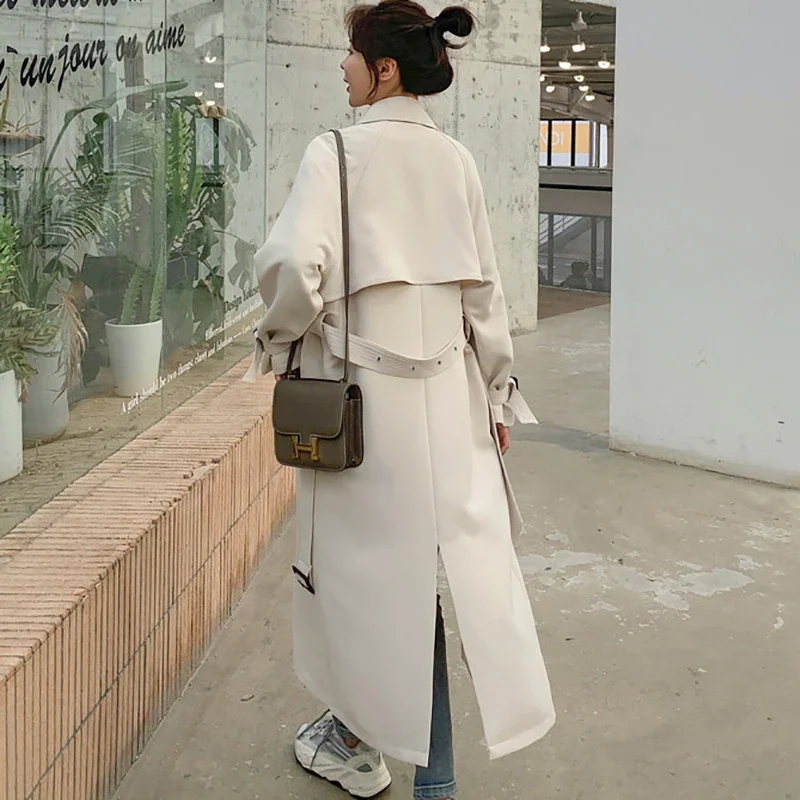 

Women Trench Coat 2021 elegant Stand Collar With Belt Pick Hip Solid Beige High Street 2021 New Autumn Fashion Coat
