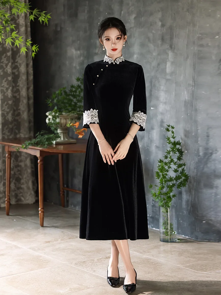 Осенне-зимнее бархатное платье Cheongsam в китайском стиле повседневное свежее