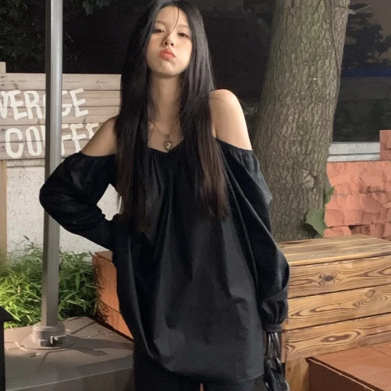 Черные блузки женские уникальные готические сексуальные с открытыми плечами