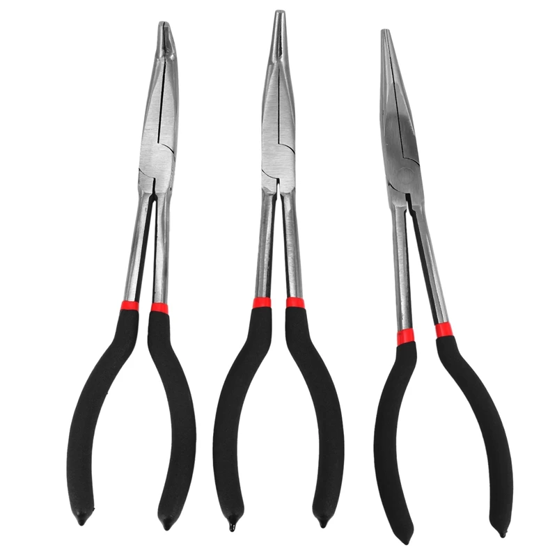 

3X 11 Inch EXTRA LONG NOSE PLIERS SET STRAIGHT & BENT TIP MECHANIC GRIP HAND TOOL