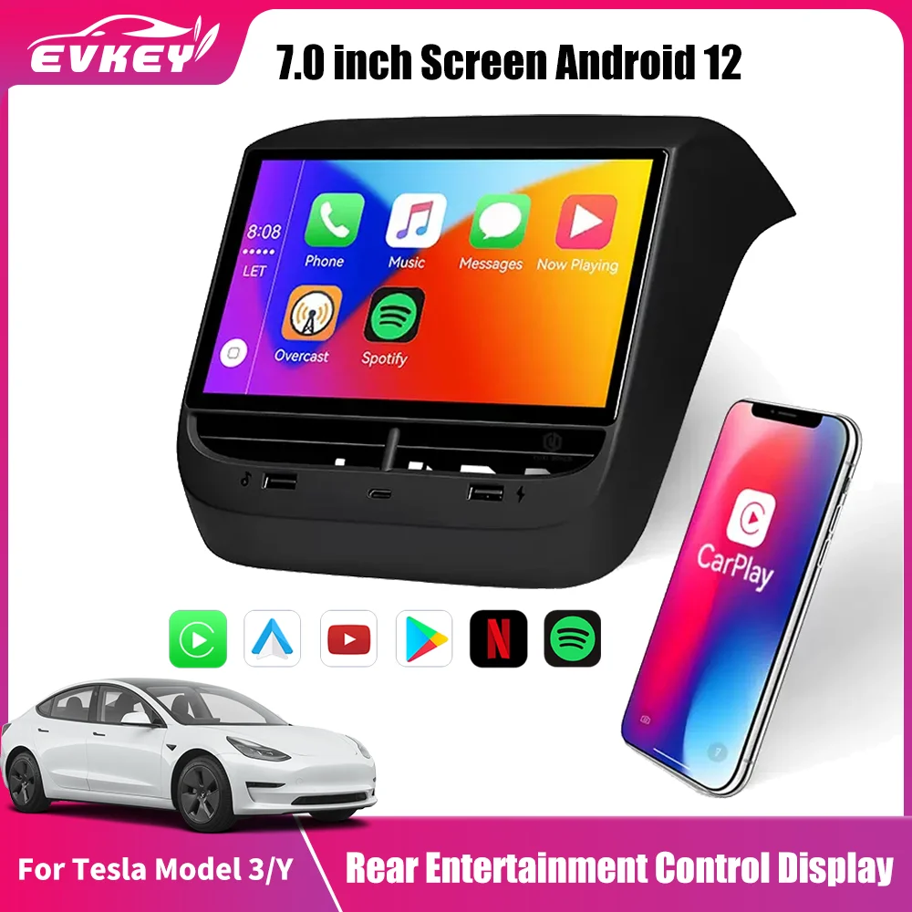 

EVKEY дисплей заднего развлекательного управления для Tesla Model 3 Y, 7-дюймовый сенсорный экран, управление кондиционером, мультимедийный плеер для Carplay
