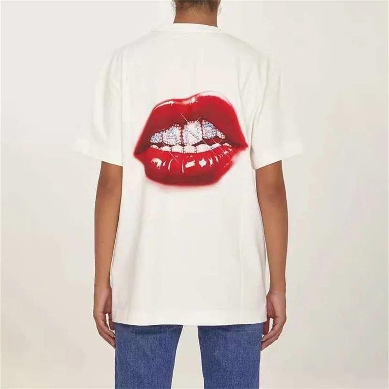 

Summer 2023 Trend Women's T-shirt Korean Fashion Letter Hot Drill Short Sleeve Top Red Lip Print Pure Cotton Round Neck Pullover