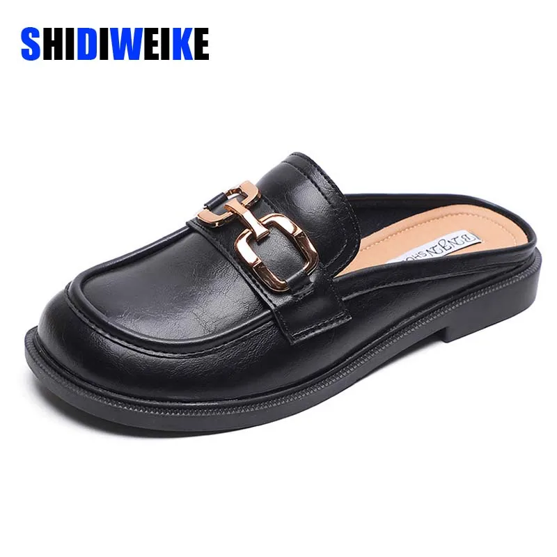 

Brand Metal Chain Slippers Fashion Square Toe Low Heels Mule Shoes Women Flat Casual Slides British Loafer Zapatillas Mujer 2022