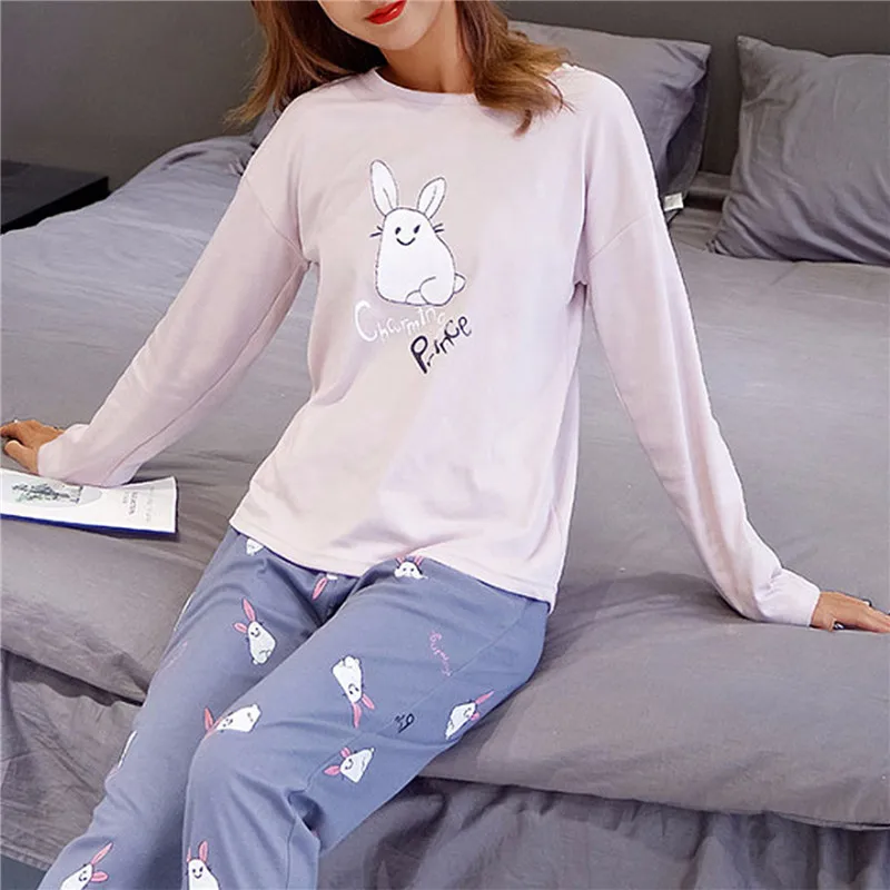 Cartoon Print Pajamas Women's Spring Autumn O-neck Long-sleeved Home Service Female Simple Loose Casual Suit Large Size