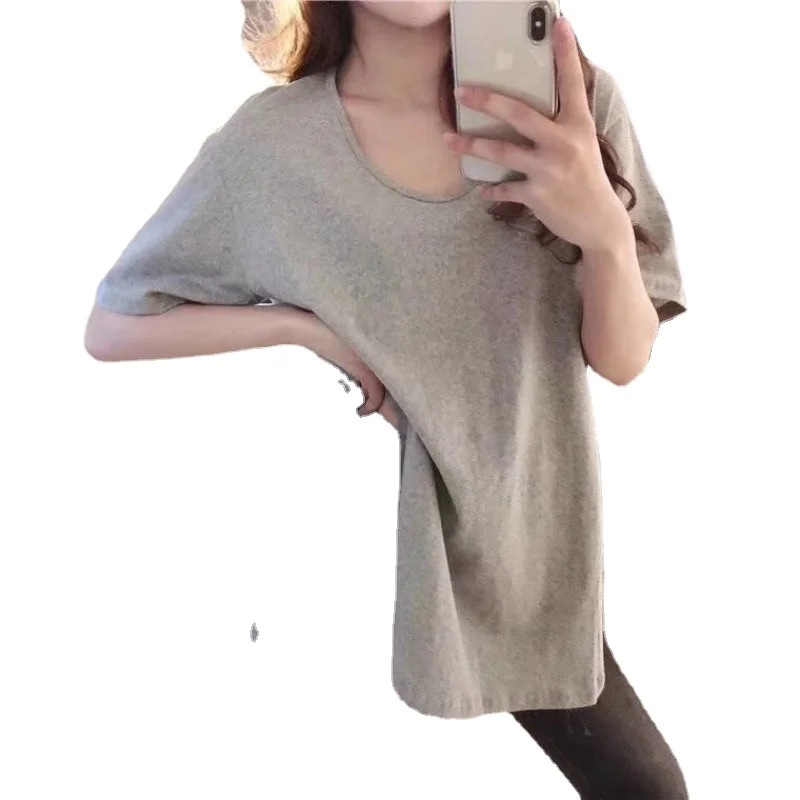 

Y2k Spring Summer New Women's Solid Color Short-sleeved T-shirt Casual Fashion Loose Mid-length Top T-shirt Round Neck