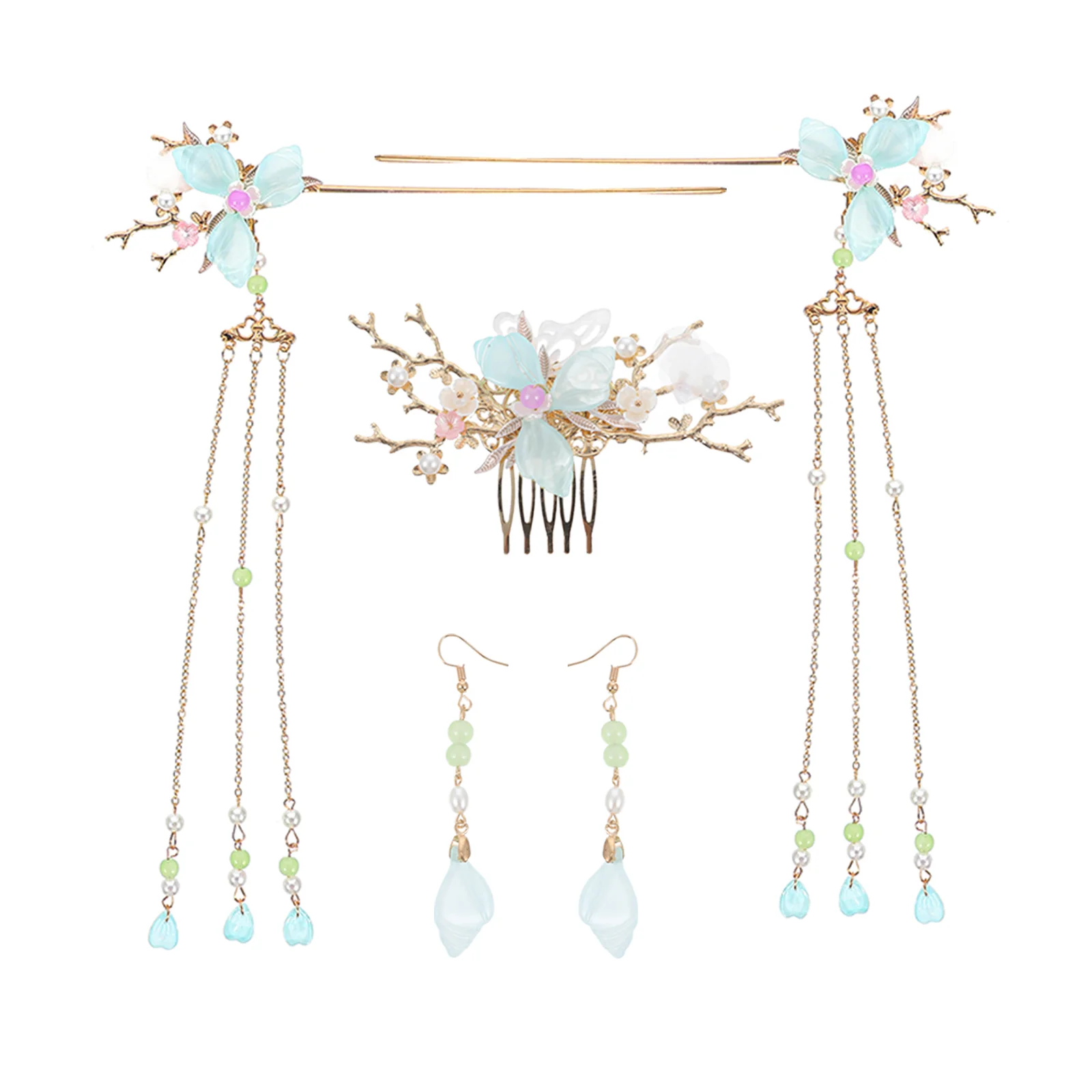 

5Pcs Hair Stick Chinese Style Party Wedding Costume Props Retro Earrings Tassel Hair Fork