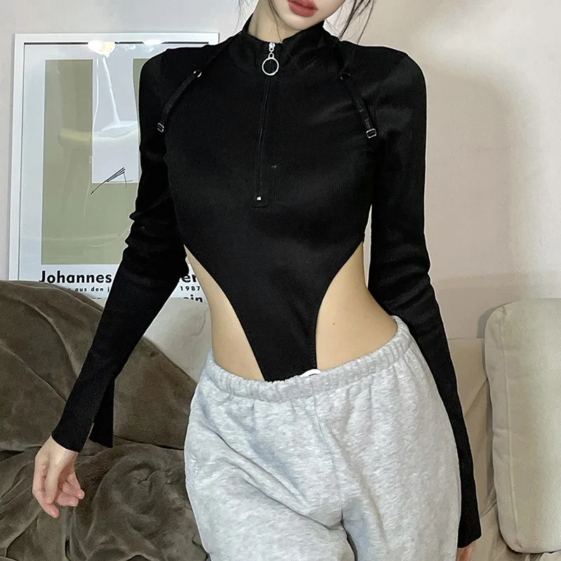 

2022 European and American Style Spring New Women's Solid Color Slim Fashion Semi-zip Stand Collar Long Sleeves Jumpsuit Women