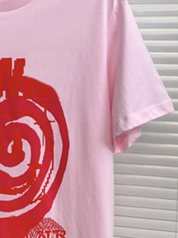 

2022 Summer New Letter Print Pink Loose Round Neck Short Sleeve Women T-Shirt