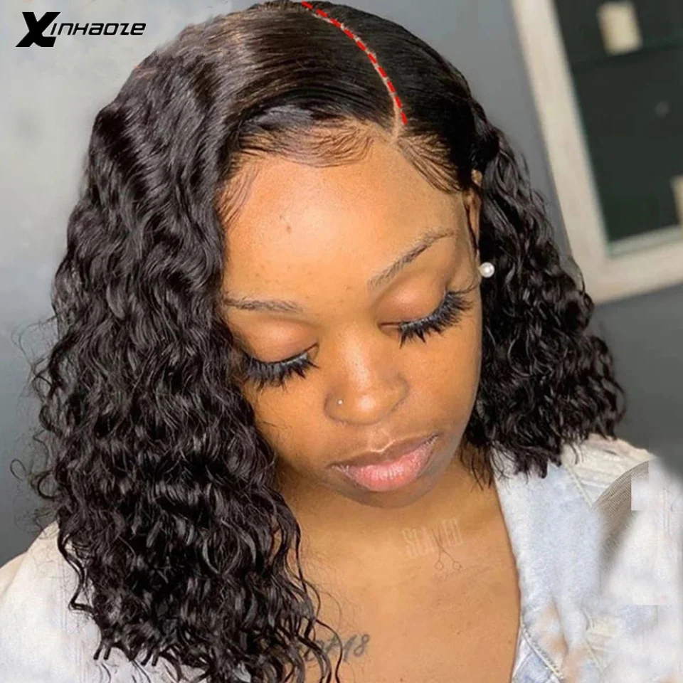 

Jerry Curly 13x4 Lace Front Wig Short Bob Frontal Human Hair Wigs Deep Wave Brazilian Remy Pre Plucked 4x4 Silk Top 180% Density