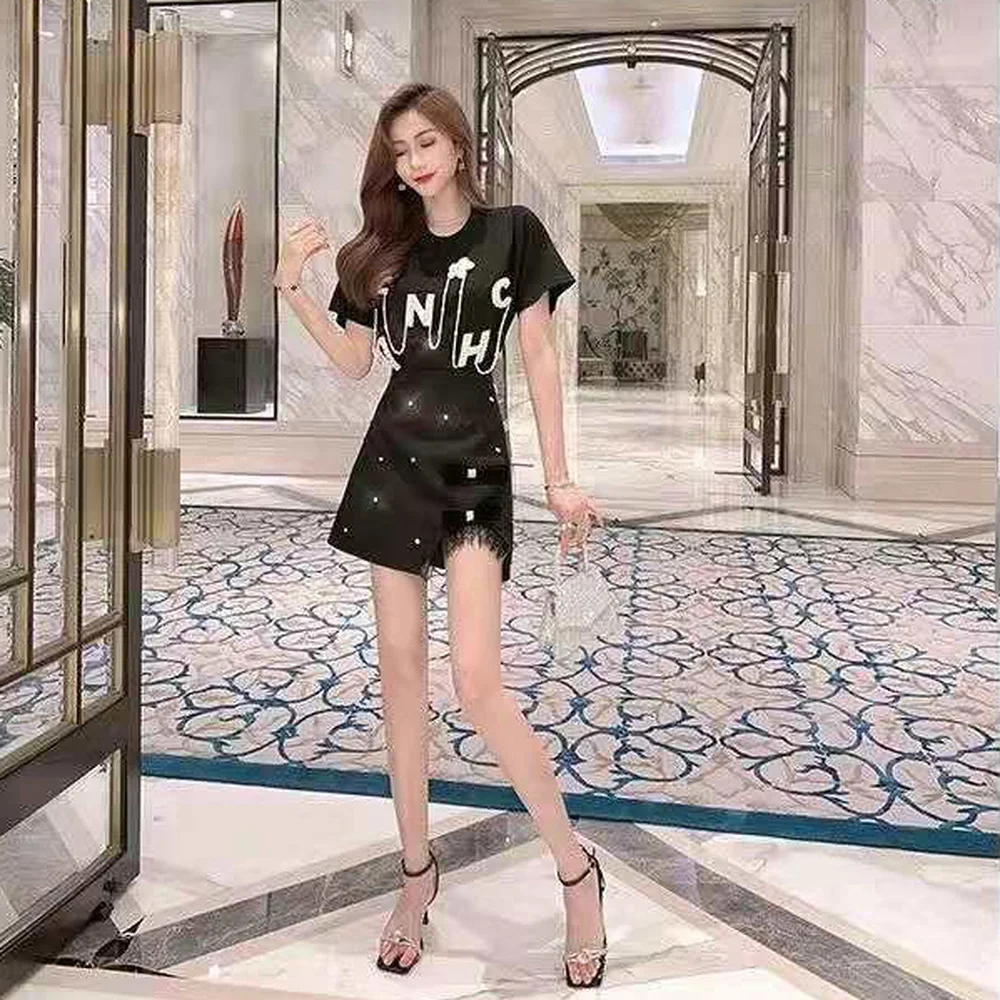 2022 New Fashion T Shirts for Women Cotton Tees Pearl Embroider Letter Summer Rhinestone Camisetas Mujer Short Sleeve T-shirts