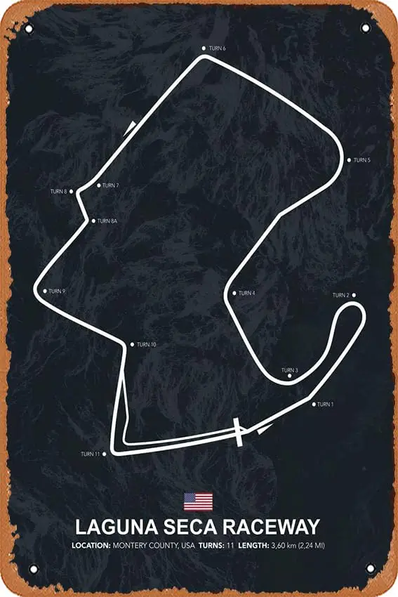 Muecddoa Laguna Seca Raceway металлический знак Оловянная настенная вывеска 8x12 дюймов.