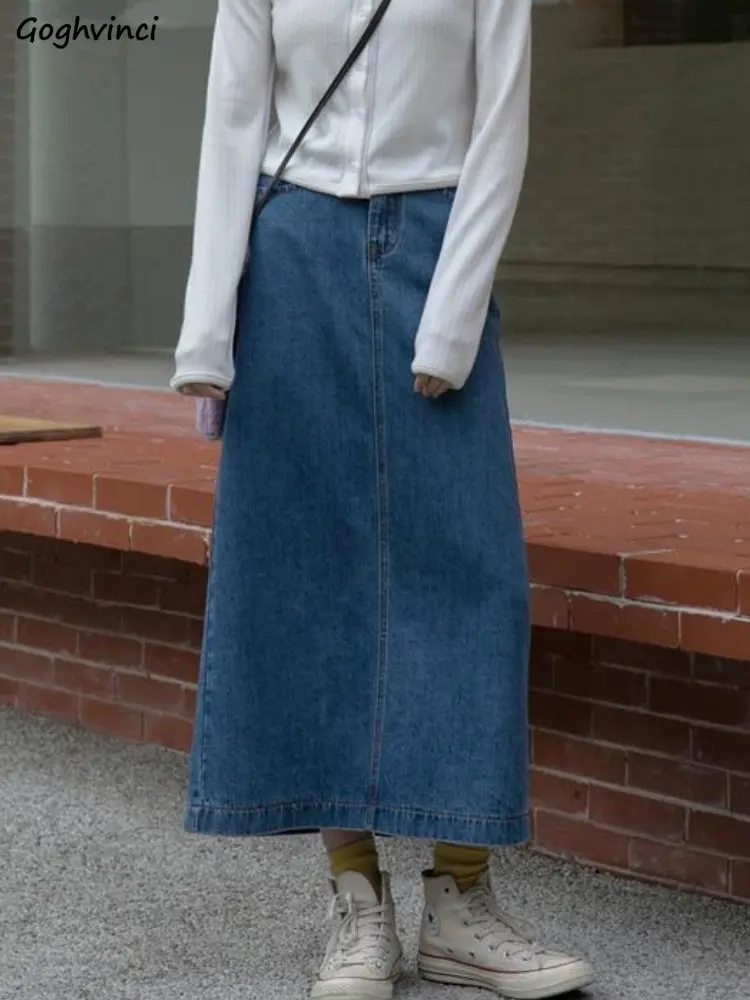 

Юбка Женская средней длины из денима, однотонная простая трапециевидная Юбка с завышенной талией, универсальная уличная одежда в стиле ретро, модная в Корейском стиле, на лето