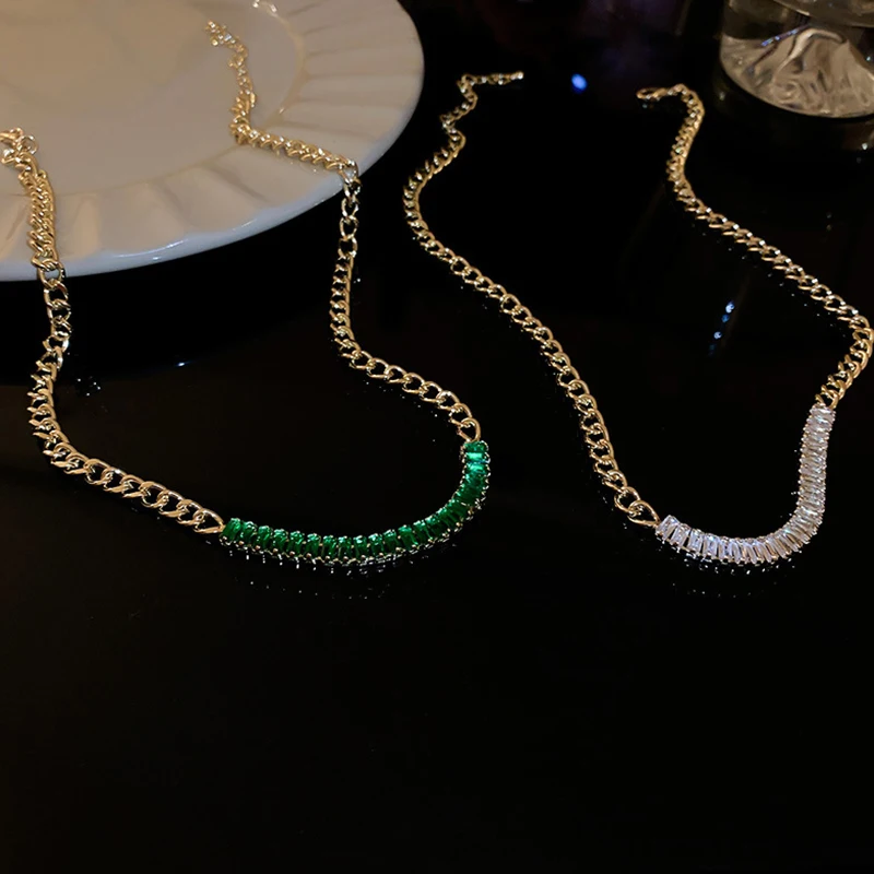 

2022 New Crystal Choker Necklaces for Women Geometric Green Square Zircon Chain Choker Weddings Jewelry Party Gifts