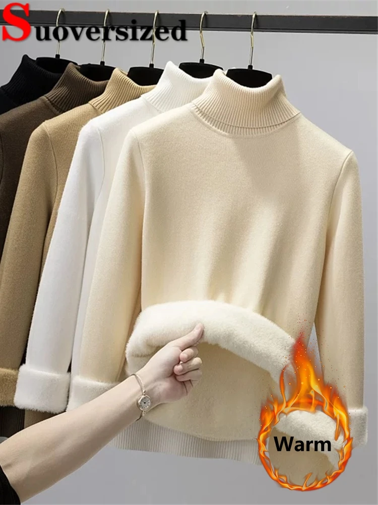 

Теплый зимний плотный пуловер с бархатной подкладкой, водолазка, плюшевый плотный вязаный свитер, облегающий женский джемпер, Элегантные вязаные топы