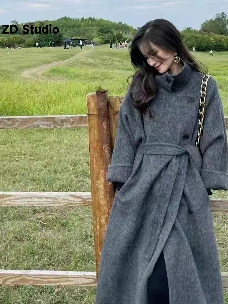 

[ZD Studio] высококачественное двустороннее кашемировое пальто, женский длинный стиль, однобортное, однотонное, Корейская версия шерсти