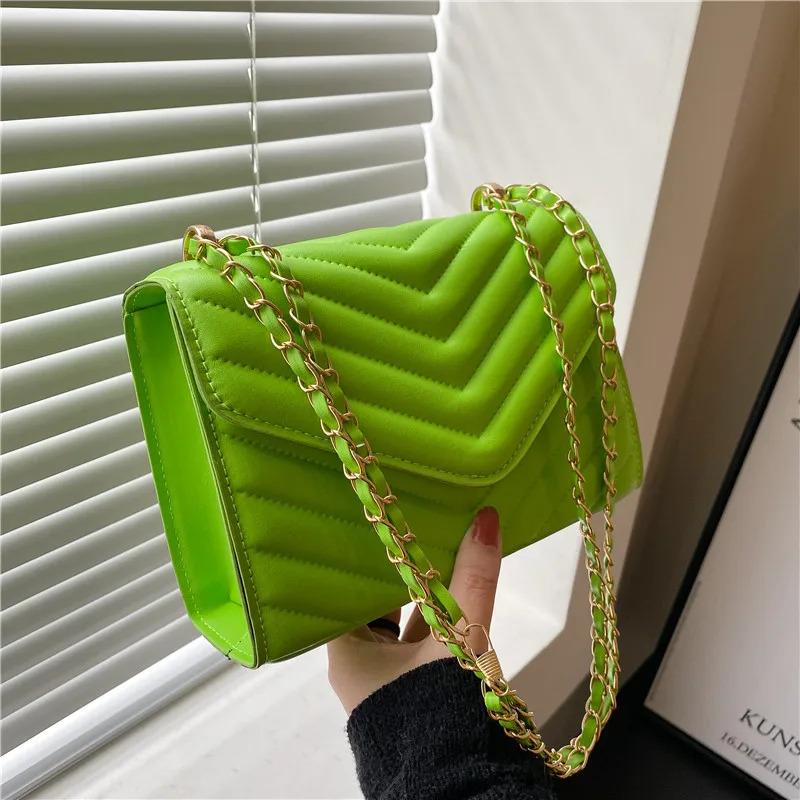 

Summer Popular Texture Women New Niche Chain Shoulder Messenger Bags Fashion Ladies Casual Small Square Bag Neon Green Pouch