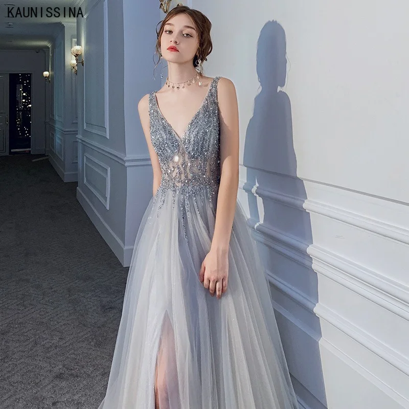 

KAUNISSINA Beading Evening Dresses A-Line Side Slit Deep V-Neck Tulle Luxury Party Prom Gown Backless Floor Length Formal Dress