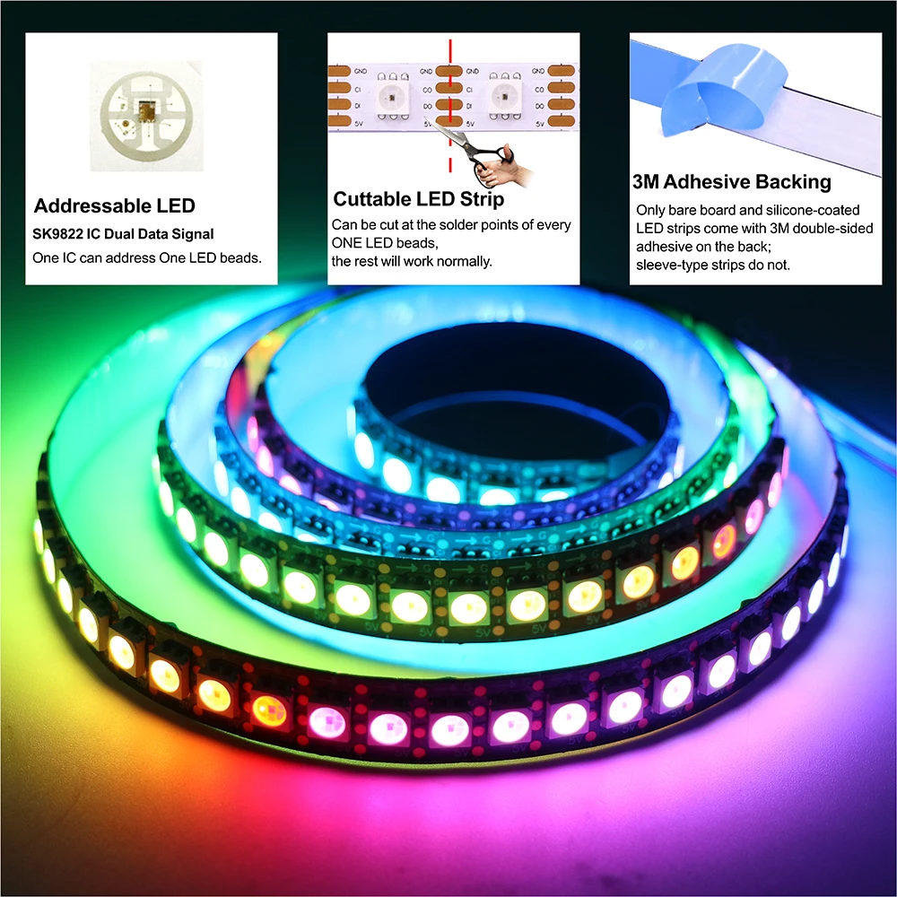 Фото Светодиодная лента SK9822 RGB, аналог APA102, адресная, водонепроницаемая IP30/65/67, с отдельным модулем данных и тактового сигнала, 30/60/144 светодиодов/м, 5В №3