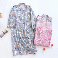 Fresh Sleepwear Nightgown Women Thin Cotton Spring/Autumn Plain Cloth Lace-up Long-sleeved Japanese Kimono Bathrobe Mid-length