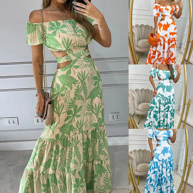 

Elegant Dresses for Women 2022 Summer Slim Print Casual One Shoulder Cutout Short Sleeve Maxi Swing Dress