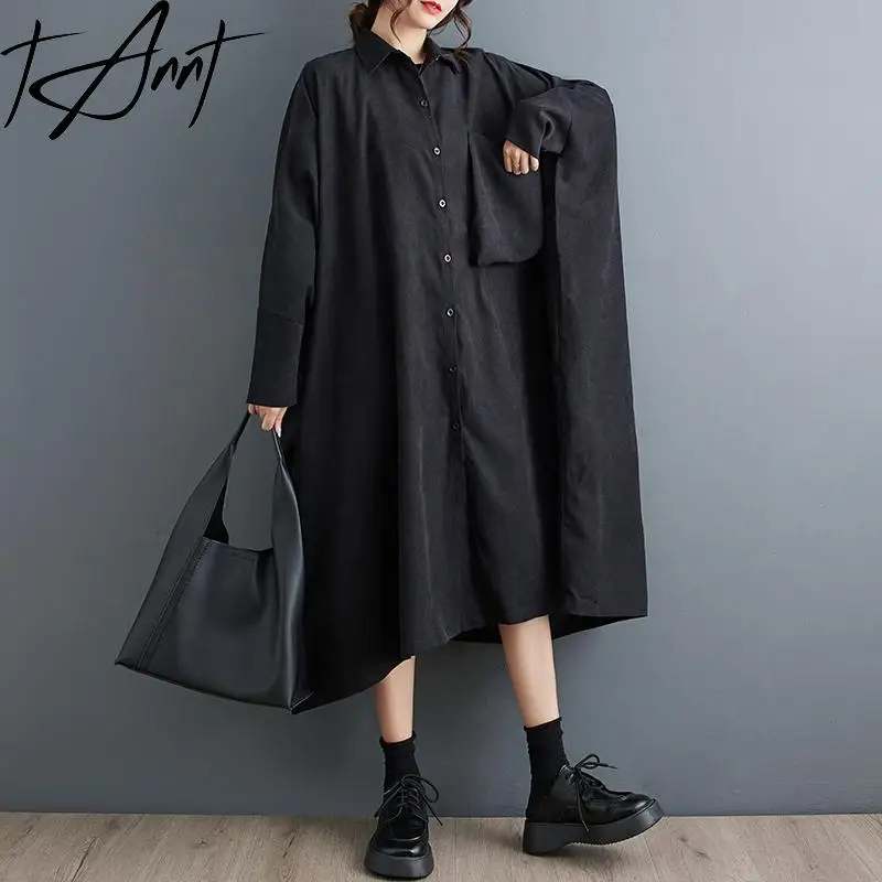 

Женское платье с рукавом «летучая мышь», черное Повседневное платье-рубашка большого размера с длинными рукавами, свободные длинные осенние платья для женщин, новинка 2023