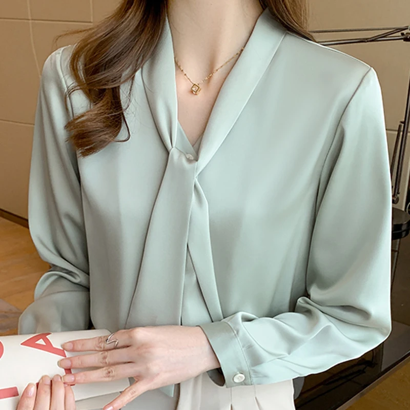 Женская шифоновая блузка с V-образным вырезом длинным рукавом | одежда