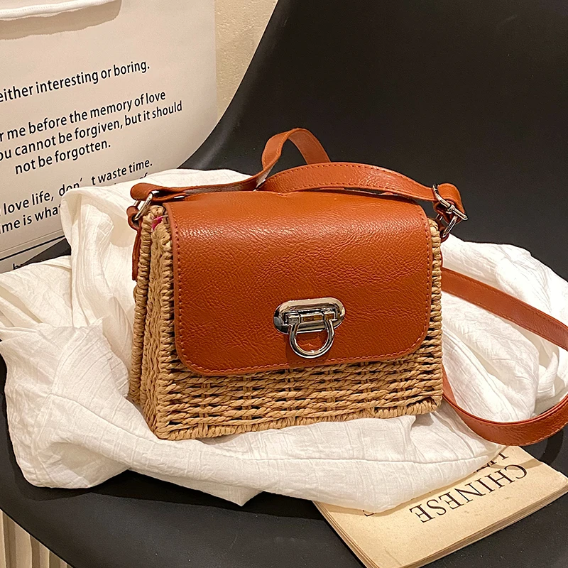 Summer Straw Bag For Women Woven Handmade Handbag   pearl Lady Tote Small square bag Vacation Beach Bag shoulder crossbody bag